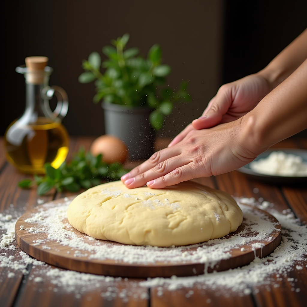 Hands kneading golden pizza dough on a floured wooden surface with flour dust in the air, rustic kitchen setting with olive oil bottle and fresh herbs in background