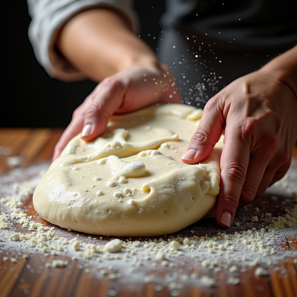 Professional pizza dough being stretched by skilled hands on a rustic wooden surface, with flour dust creating an artistic cloud effect, showing the perfect elasticity and texture of well-made dough