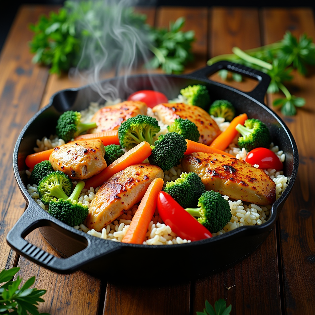 A rustic one-pot meal featuring golden-brown chicken pieces nestled among fluffy white rice, colorful bell peppers, bright green broccoli florets, and orange carrots, all cooked together in a large cast-iron skillet with steam rising, photographed from above on a wooden table with fresh herbs scattered around