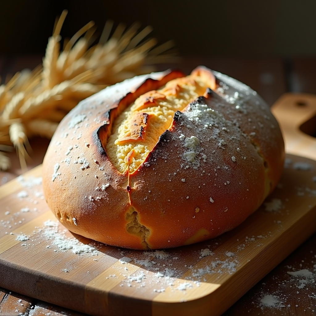 Beautiful golden-brown sourdough loaf with perfect scoring pattern on rustic wooden cutting board, surrounded by wheat stalks and flour dust, warm natural lighting