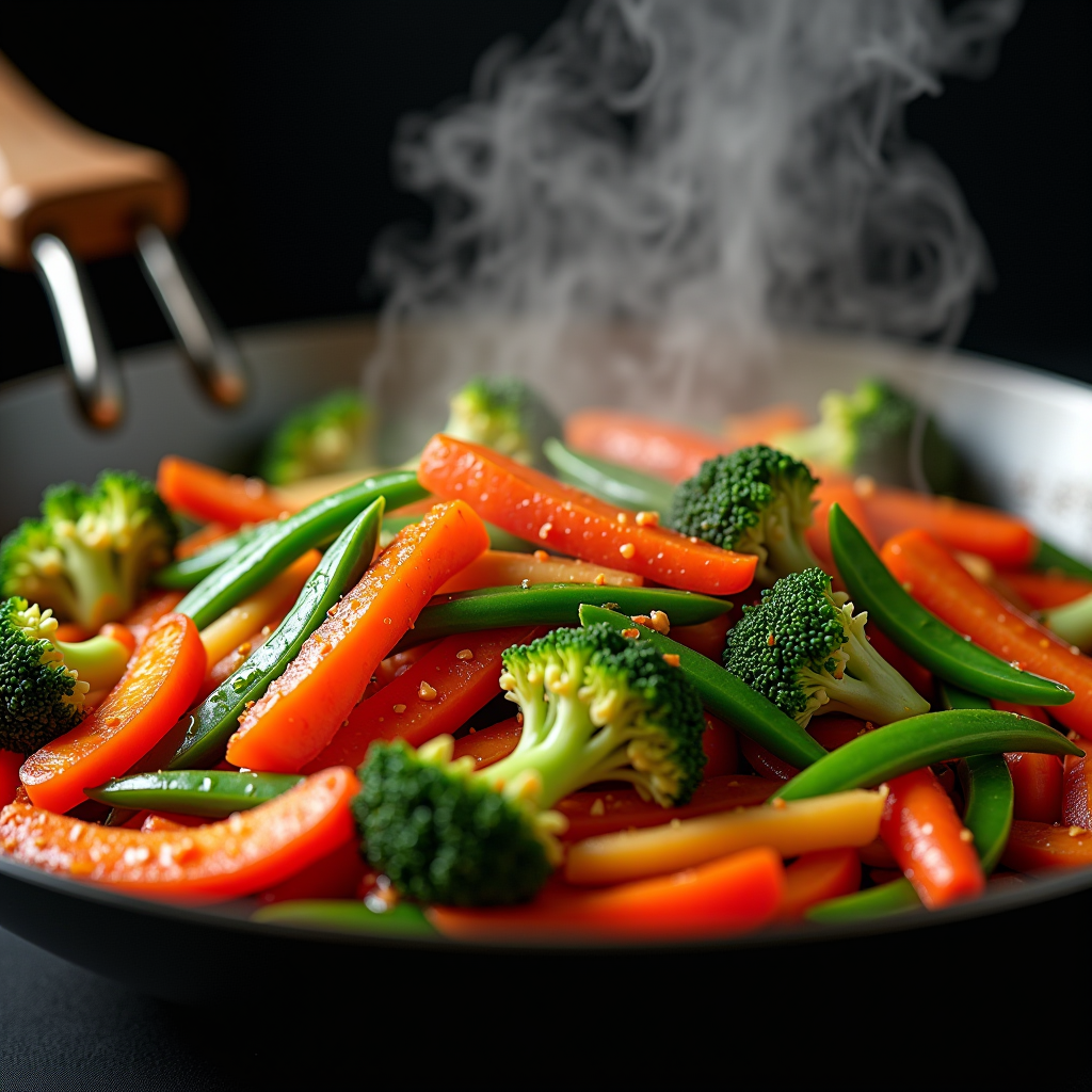 Vibrant stir-fry with colorful bell peppers, snap peas, carrots, and broccoli being tossed in a traditional carbon steel wok over high heat, with steam rising and vegetables glistening with sauce