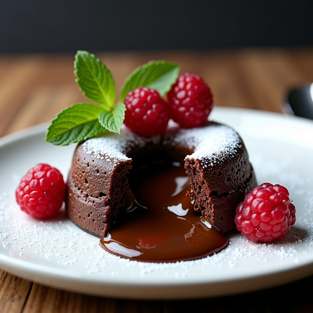 Elegant molten chocolate lava cake on white plate with powdered sugar dusting and fresh raspberries, chocolate center flowing out, restaurant plating with mint garnish