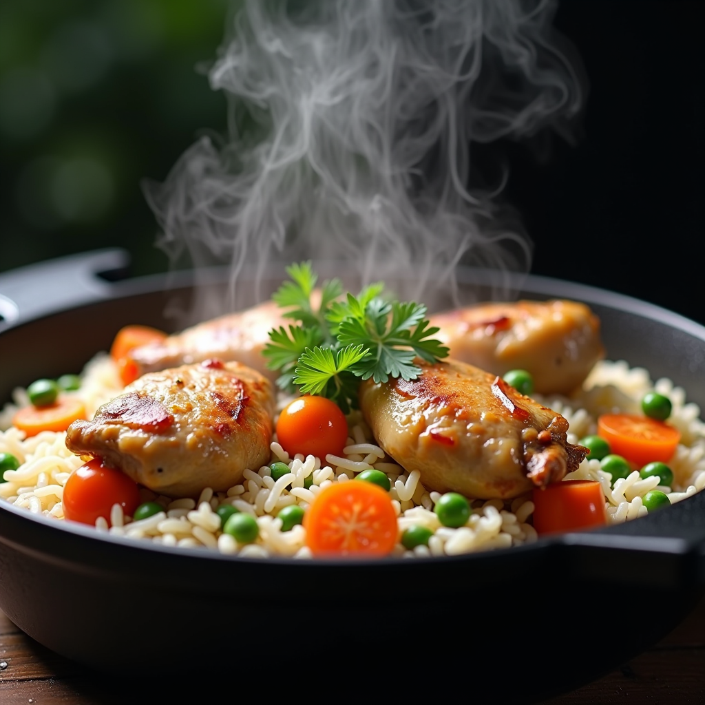 Steaming one-pot meal with golden chicken pieces, fluffy white rice, and colorful vegetables including carrots and peas in a large cast iron pot, garnished with fresh parsley