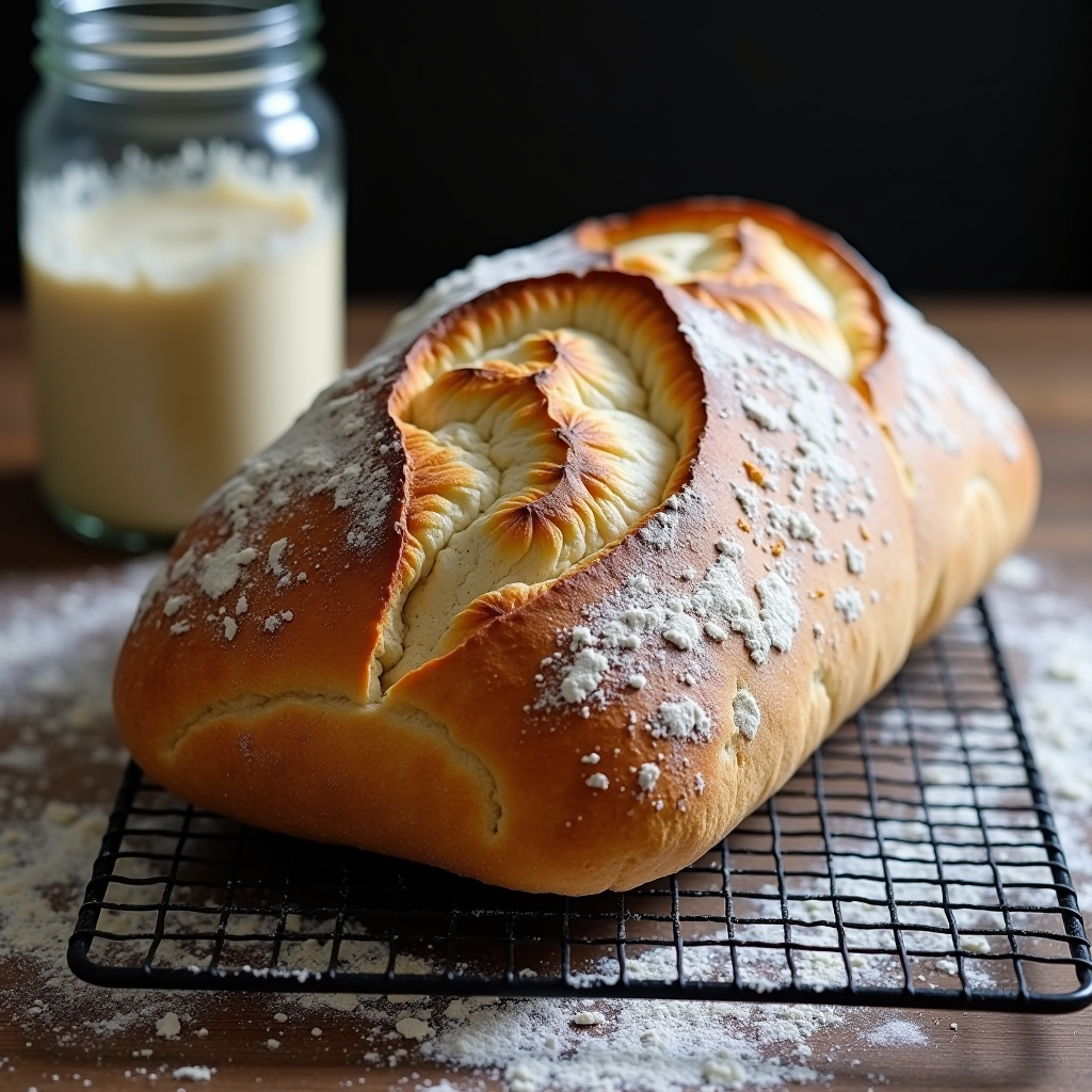 Freshly baked golden-brown sourdough loaf with beautiful scoring patterns on top, sitting on cooling rack with bubbly sourdough starter in glass jar beside it, flour-dusted countertop