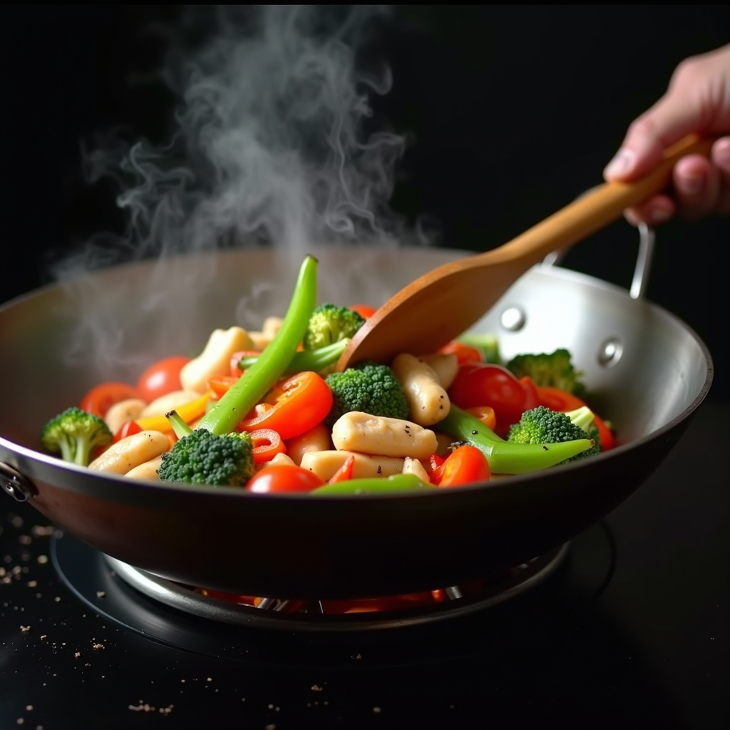 Sizzling wok with colorful stir-fried vegetables including bell peppers, broccoli, and snap peas with tender chicken pieces, steam rising, wooden spatula in motion, Asian cooking scene