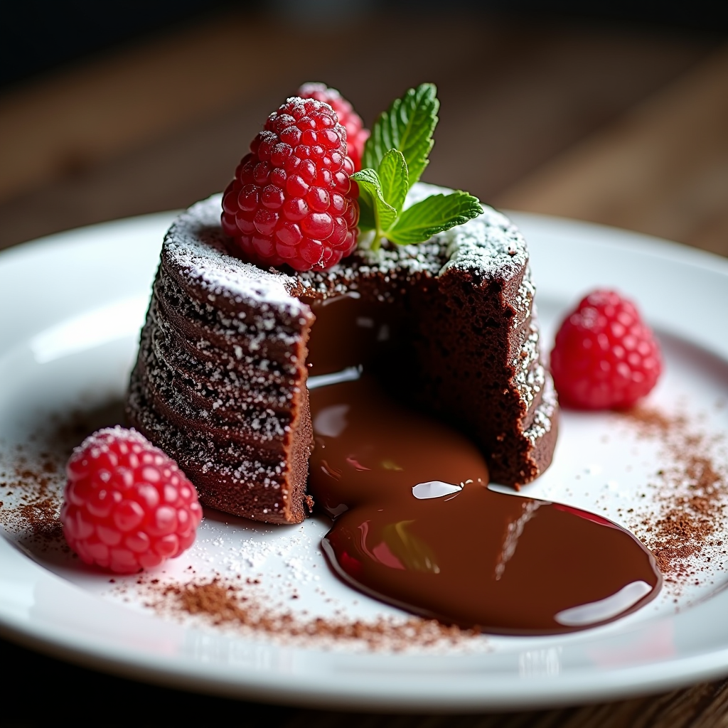 Elegant chocolate lava cake on white plate with molten chocolate center flowing out, dusted with powdered sugar, fresh raspberries and mint leaf garnish, restaurant-style plating